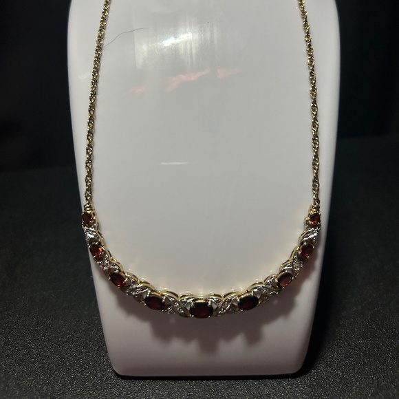 14k Gold plate over 925 Sterling Silver Garnet and Diamond Necklace - Picture 2 of 3